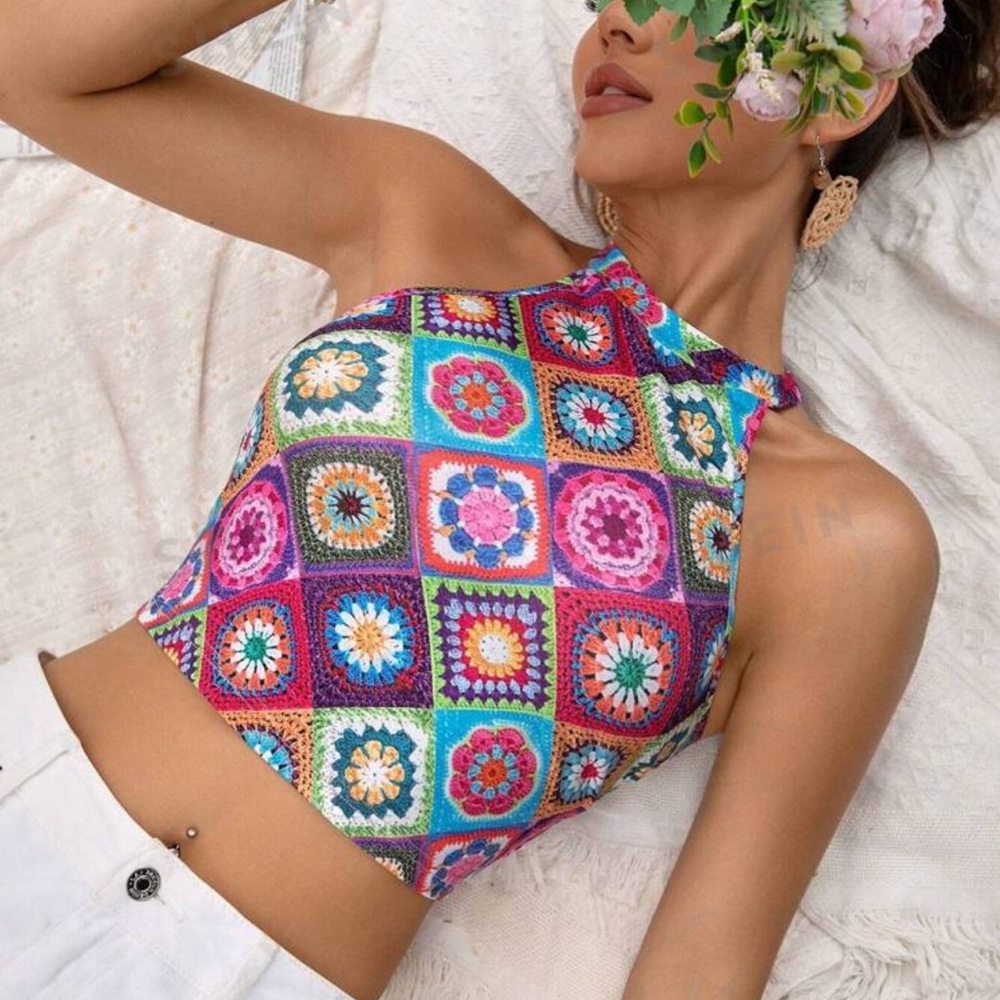 Mandala Print Crop Top Halter S